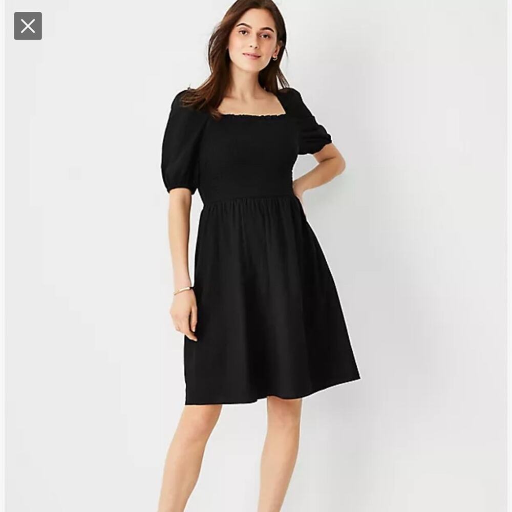 Ann Taylor | Black Linen Blend Puff Sleeve Smocked Dress